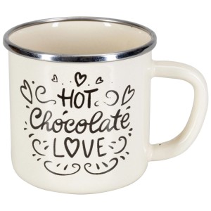 Tazza smaltata Nouvel® color avorio con scritta "Hot Chocolate Love", ideale per tè e caffè.