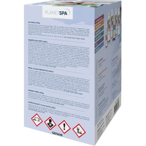Planet Spa Kit de base chlore : Set avec bandelettes de test, désinfectant, Balance Plus/Minus et cuillère doseuse.