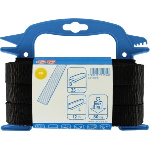 Schwarzes Conacord Gurtband, 25 mm breit, 12 m lang, auf blauer Spule.