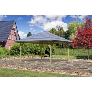 Pavillon Karibu Hedmark 1 en bois traité autoclave avec panneaux de toit gris.