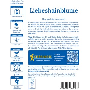 Sachet de graines de Liebeshainblume Kiepenkerl, graines de fleurs bleues à cœur blanc.