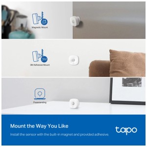 Sensore di movimento Tapo T100 bianco: Opzioni di montaggio (magnetico, adesivo, autoportante).