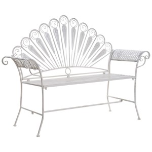 Banc de jardin Pavia en fer blanc crème avec dossier paon orné et aspect antique pour l'extérieur.
