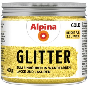Alpina Glitter Oro, barattolo da 40g da miscelare nella pittura murale per colori ad effetto scintillante.