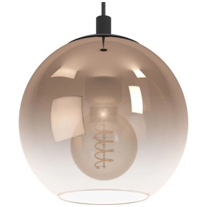 Moderna lampada a sospensione Eglo Ariscani con paralume in vetro color rame trasparente e baldacchino nero.