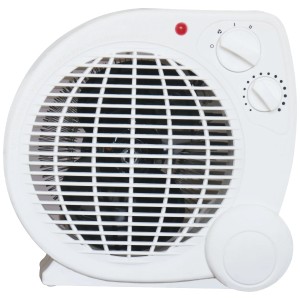 Termoventilatore Superwind bianco con forma rotonda e griglia di protezione. Stufa elettrica compatta.