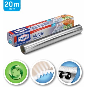Rotolo di alluminio Toppits extra resistente 20m, con confezione blu. Per cucinare, conservare. Forma stabile, facile da tagliare.