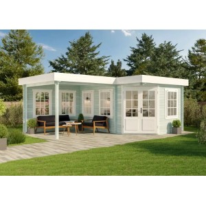 Casetta da giardino Alpholz Pepe a 5 lati con tetto piatto, non trattata, con terrazza coperta e area salotto in giardino.