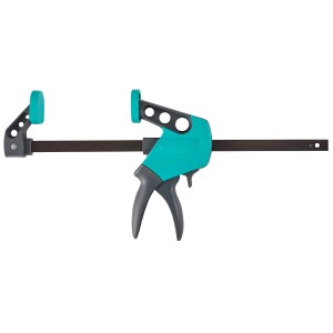 Serre-joint à une main Wolfcraft EHZ Easy 75-300, outil de serrage avec poignée turquoise et grise.