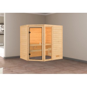 Sauna Karibu Jada Natur in legno massello con ingresso ad angolo e porta in vetro bronzato.