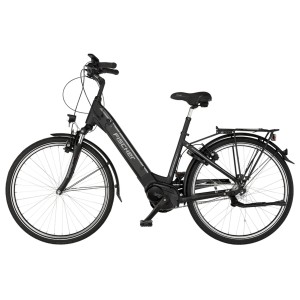Vélo électrique Fischer Cita 4.1i noir avec cadre bas, pneus 28 pouces et porte-bagages.