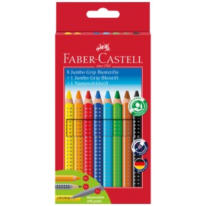 Faber-Castell Jumbo Grip Buntstifte, 10-teiliges Set mit 8 Stiften, Bleistift und Namensfeldstift.