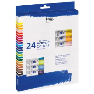 Set de peintures acryliques Kreul el Greco avec 24 couleurs en tubes de 12 ml.