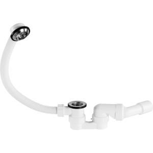 Garniture de vidange excentrée blanche (44,8 mm) pour baignoire, drain et trop-plein flexibles.