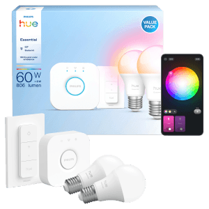 Philips Hue E27 Set: Glühlampen, Bridge, Dimmschalter und Smartphone mit Farbauswahl-App.