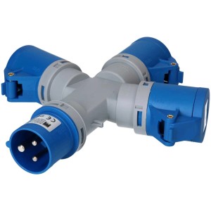 Distributeur en étoile avec fiche CEE16 et trois prises CEE16, 230V, IP44 pour usage extérieur.