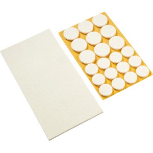 Lot de 22 patins pour parquet avec patins en feutre de différentes tailles et une feuille de feutre à découper.