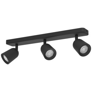 Lampada a barra nera Eglo Camaldoli con tre faretti GU10 in acciaio, larghezza 540 mm.