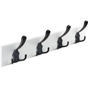 Hettich Garderobenleiste Country aus weißem Buchenholz mit 4 schwarzen Doppelhaken im Landhausstil.