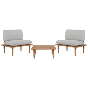 Set lounge Beliani Frascati, 2 posti, tavolo, legno acacia, cuscini grigio chiaro. Set mobili giardino.
