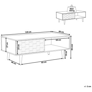 Schéma : Table basse Beliani Swansea, bois marron clair, 120x60x46cm, avec tiroir et compartiment ouvert.