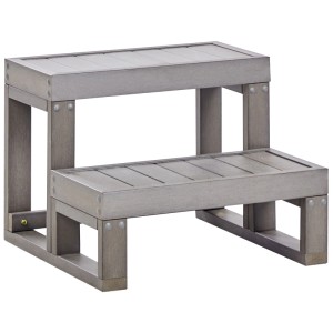 Escalier de spa gris à 2 marches en plastique aspect bois. Accessoire robuste pour spas extérieurs.