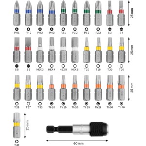 Jeu d'embouts de vissage Bosch, 32 pièces : Embouts de différentes tailles et formes dans un ensemble.