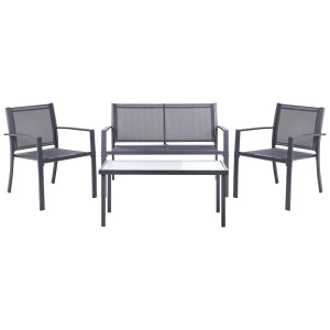 Salon de jardin Beliani Tavoleto: Ensemble 4 places gris foncé en acier avec canapé 2 places, 2 fauteuils, table basse en verre.