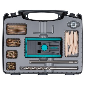 Wolfcraft Undercover-Jig-Set (54 pièces) en coffret : Gabarit de perçage, forets, vis et chevilles pour assemblages bois.