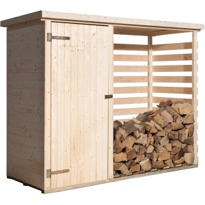 Casetta da giardino multifunzione Weka, 240x90cm, in legno con porta e area di stoccaggio aperta con legna da ardere.