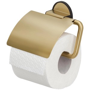 Porta carta igienica Tiger Tune con coperchio, ottone spazzolato e nero.