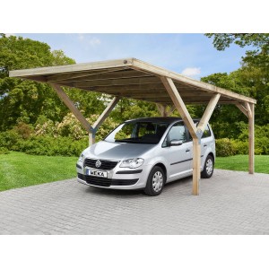 Carport singolo a Y Weka in legno senza copertura con auto. Carport con pali a forma di Y per un facile parcheggio.