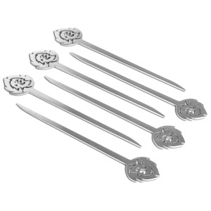 Sei spiedini per hamburger Burnhard in acciaio inox, utensili per griglia con testa di leone sul manico.