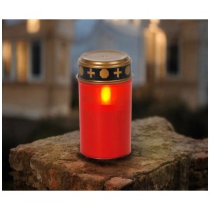 Bougie funéraire LED rouge avec détecteur de crépuscule, Ø 7,3 cm, hauteur 12 cm, pour extérieur.