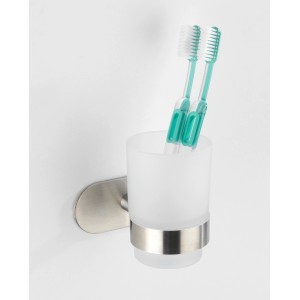 Wenko Zahnputzbecherhalter Uno Orea Matt aus Edelstahl mit satiniertem Glas und zwei Zahnbürsten.