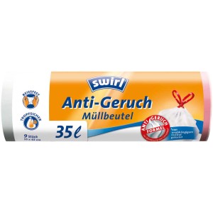 Swirl sacs poubelle anti-odeurs, 35L, rouleau de 9, résistants à la déchirure et étanches.