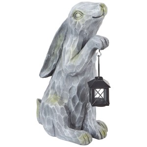 Graue Kaninchen Gartenfigur aus Magnesiumoxid, handgefertigt, hält eine schwarze Laterne. Detaillierte Dekoration.