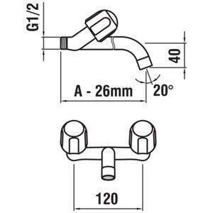 Schizzo: Miscelatore a parete a due maniglie Laufen Silor Chromline con dimensioni per lavabo.