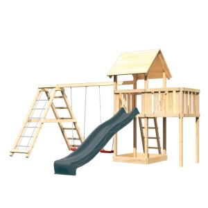 Tour de jeu en bois Karibu Lotti avec toboggan, balançoire et structure d'escalade pour jardin.