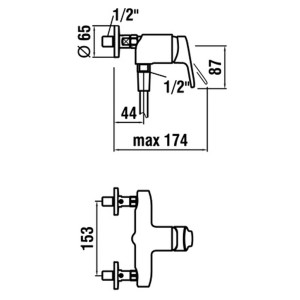 Disegno tecnico: Miscelatore doccia Similor Citypro cromato con dimensioni per l'installazione.