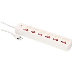 Bloc multiprise blanc avec 6 interrupteurs type 13 pour usage intérieur.