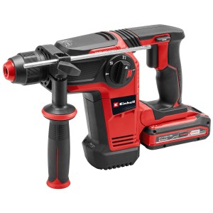 Einhell TP-HD 18/28 Li BL+4 perforateur sans fil : Perforateur rouge avec batterie et poignée auxiliaire.
