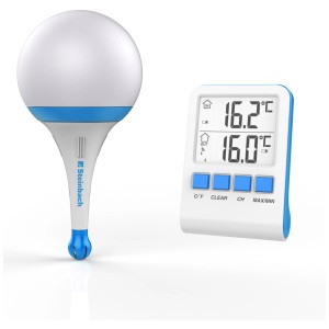 Lampe solaire Steinbach avec thermomètre sans fil pour éclairage de piscine. Affiche température intérieure et extérieure.