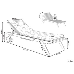 Technische Zeichnung der Beliani Sonnenliege Cesana aus Akazienholz. Maße, verstellbare Rückenlehne, Rollen, Ausziehtablett, Auflage. Max. 160 kg.