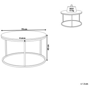 Croquis : Table basse beige Coral avec structure en métal doré, Ø 70 cm, hauteur 43 cm.