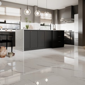 Carrelage de sol en grès cérame Opus, 60x30 cm, aspect marbre poli brillant dans une cuisine moderne.