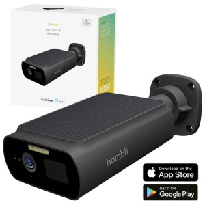 Caméra de surveillance Hombli Solar Cam 2K noire avec panneau solaire et support mural pour l'extérieur.