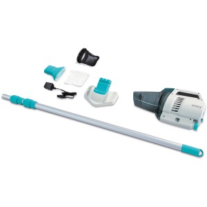 Aspirateur de piscine sans fil Intex avec manche télescopique et accessoires pour le nettoyage de la piscine.