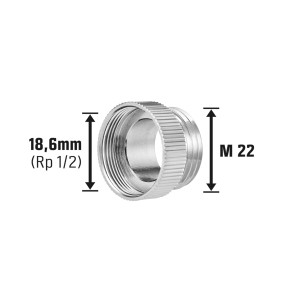 Raccord de transition M22 x Ø 21 mm (Rp 1/2) en laiton chromé pour robinets de vidange.