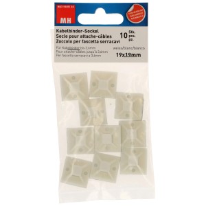 Lot de 10 socles pour colliers de serrage blancs, 19x19 mm, pour une fixation facile des câbles.